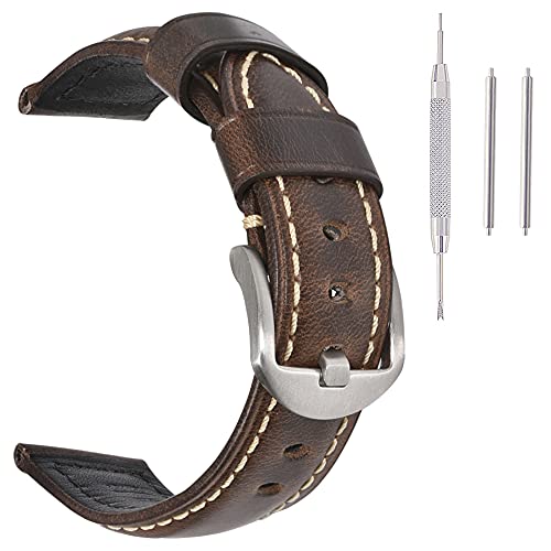 Uhrenarmband für Herren, Vintage-Leder, für Damen, 18 mm, 20 mm, 22 mm, 24 mm 22mm oil dark brown with silver buckle von EACHE