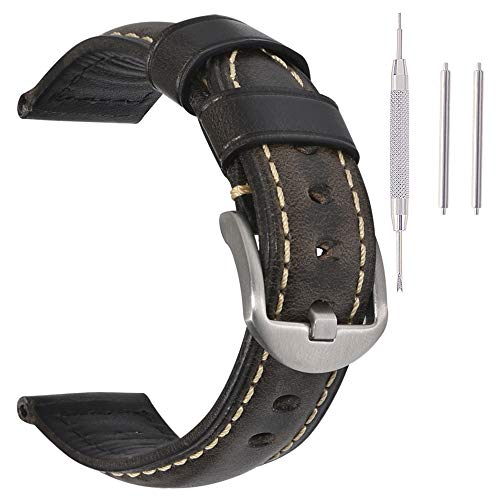 Uhrenarmband für Herren, Vintage-Leder, für Damen, 18 mm, 20 mm, 22 mm, 24 mm 24mm oil grey brown with silver buckle von EACHE