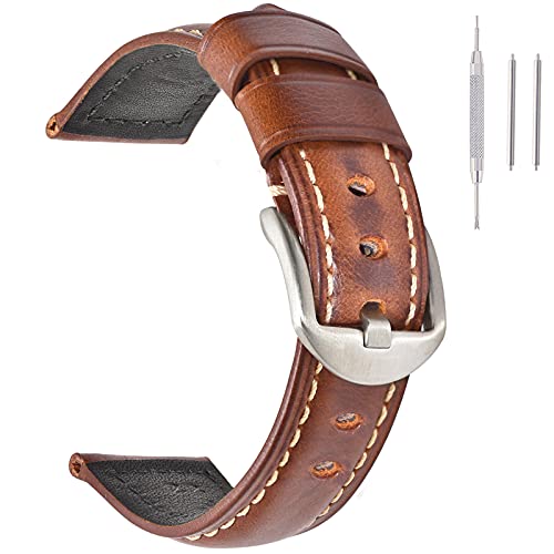 Uhrenarmband für Herren, Vintage-Leder, für Damen, 18 mm, 20 mm, 22 mm, 24 mm 24mm oil light brown with silver buckle von EACHE