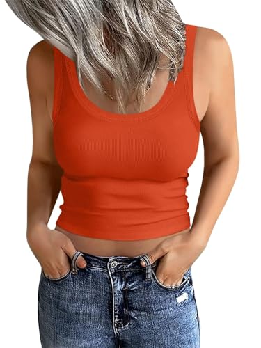 Damen-Tanktop mit U-Ausschnitt, ärmellos, gerippt, tailliert, bauchfrei, Orange/Abendrot im Zickzackmuster (Sunset Chevron), Klein von EADINVE