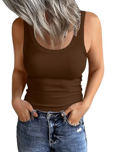 Damen U-Ausschnitt Gerippte Tank Tops Basic Ärmellos Slim Fit Tops 2025, Braun, Klein von EADINVE