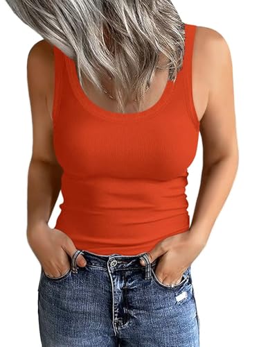 Damen U-Ausschnitt Gerippte Tank Tops Basic Ärmellos Slim Fit Tops 2025, Orange/Abendrot im Zickzackmuster (Sunset Chevron), Klein von EADINVE