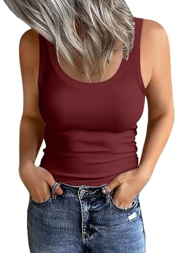 Damen U-Ausschnitt Gerippte Tank Tops Basic Ärmellos Slim Fit Tops 2025, Weinrot, Mittel von EADINVE