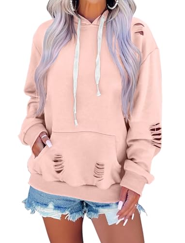 EADINVE Damen Kapuzen-Sweatshirt Hollow Out Distressed Langarm Kordelzug Hoodie mit Kängurutasche, Pfirsich, S von EADINVE