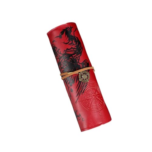 EALLEN Pencil Wrap,Pencil Wrap Roll Up Volumen-Stifttasche, gebündelt, dreifach, Leder, großes Fassungsvermögen, Bleistift, Studenten-Bleistift, Schreibwarenbox (Color : Short-Red) von EALLEN