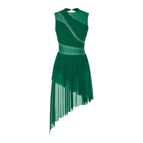 Ballettkleidung MäDchen Damen Eiskunstlauf-Kleid mit Strasssteinen, ärmellos, durchsichtiges Netz-Ballett-Trikot, zeitgenössische lyrische Tanz-Performance-Kostüme Ballettanzug Tanzkleid(Green A,S) von EALRFNPG