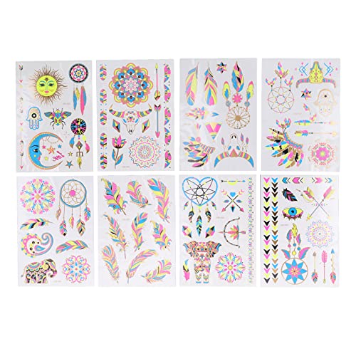 Temporäre Tattoos, 8 Stück Neon Tattoo Sticker Fluoreszierende Bronzing Wasserdichte Glow Temporäre Makeup Tattoos für Körper Gesicht und Haut für Partys und Festivals von EALRIDV