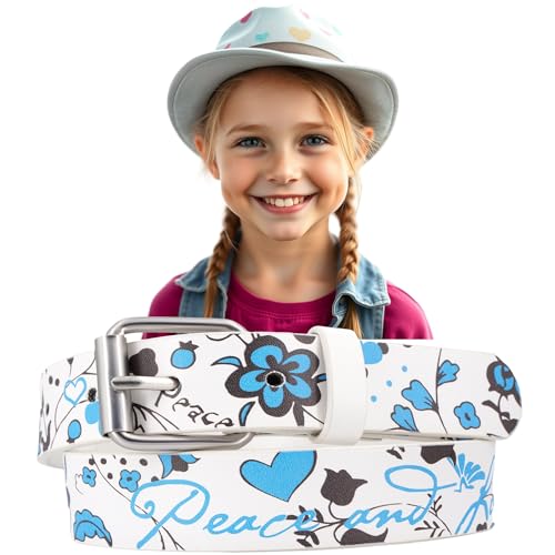 EANAGO Gürtel >PEACE AND LOVE für Kinder - moderner Kindergürtel mit Blumemmuster - für Mädchen von ca. 3-12 Jahren - Kindergürtel Mädchen - Gürtel Kinder (blau) von EANAGO