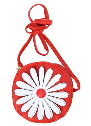 EANAGO Mädchen Handtasche - rundes Blumen-Design, PU-Kunstleder, verstellbarer Schultergurt, kompakte Größe (Ø 11 cm), Umhängetasche für Kindergarten & Grundschule (rot) von EANAGO