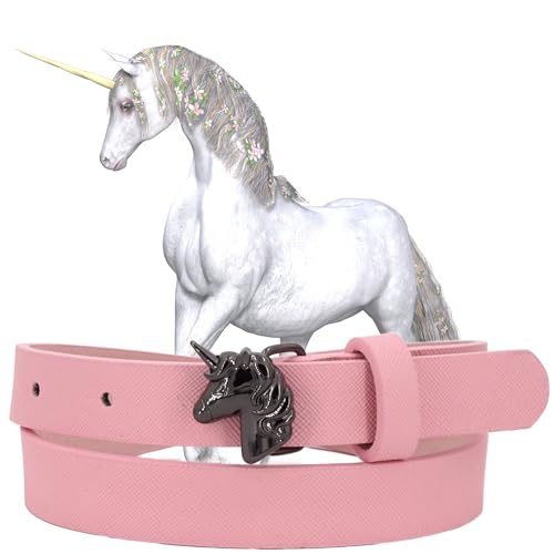 EANAGO Schöner Kindergürtel >EINHORN< für Mädchen von ca. 3-10 Jahren, rosa mit schwarzer Einhorn-Schnalle. Gesamtlänge 75 cm von EANAGO