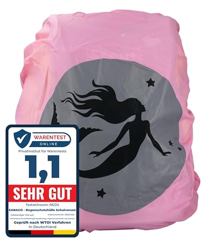 EANAGO Premium Regenschutz >MEERJUNGFRAU< für Kinder - Regenschutz für Schulranzen/Schulrucksack - 100% wasserdicht - Regenüberzug mit großem Sicherheits-Reflektor (pink) von EANAGO