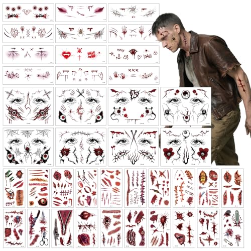 EAPIKON Halloween Tattoos für Kinder Erwachsene, 40 Blätt Temporäre Tattoo Sticker - Narben Kunstblut WundenStiche – Gesicht Körper Tattoo Aufkleber für Zombie Kostüm Make-up Festival Deko von EAPIKON