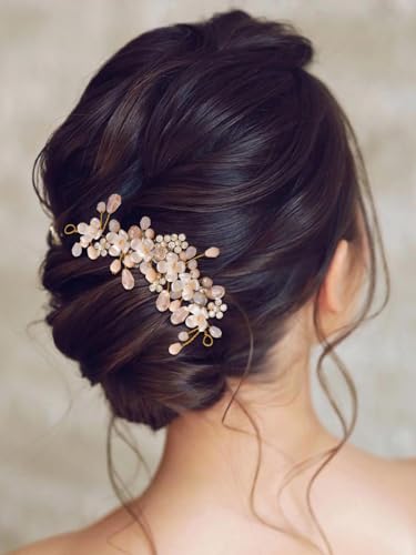 EARENT Brautschmuck mit Blume, goldfarbene Perlen, Haarschmuck für die Hochzeit, Brautschmuck, Haarschmuck für Damen von EARENT