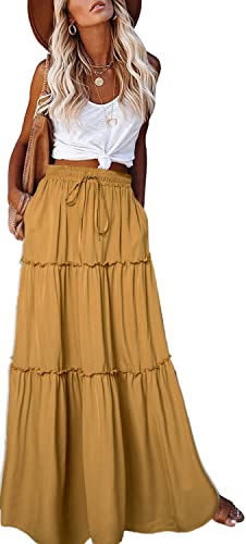 EARKOHA Langer Maxirock für Damen, hohe Taille, gestufter Paisleymuster, mit Taschen, Solid-Ingwer, Mittel von EARKOHA