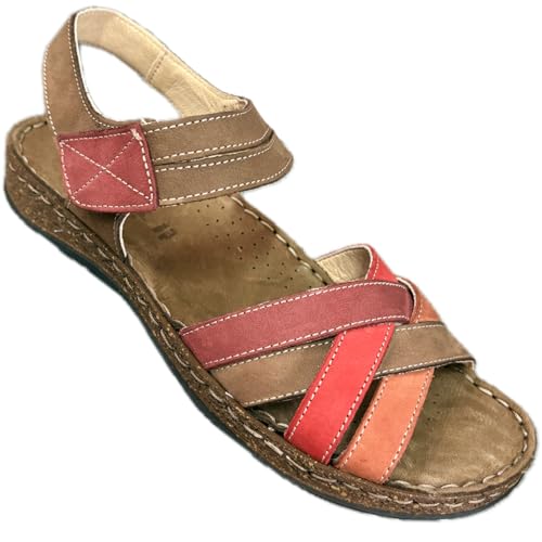 EASYWALK Madlane Damen-Sandalen aus gepflegtem Leder mit weichem Leder-Fußbett mit Knöchelriemen, Rot Gradient, 39 EU von EASYWALK