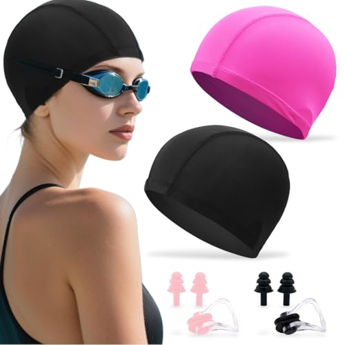 EAVUYIS 2 PCS Badehaube mit 2 Nasenstöpseln und 4 Schwimm-Ohrstöpseln, Bademütze Schwimmhaube Schwimmkappe Flexible Kappe Badehut für mädchen Lange Haare Damen Herren Kinder Jungen von EAVUYIS