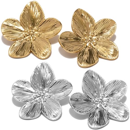 EAVUYIS 2 Paar Blumen Ohrringe Groß,Blume Tropfen Ohrringe Boho Statement Flower Earrings Hypoallergene Modeschmuck für Damen,Gold und Silber von EAVUYIS