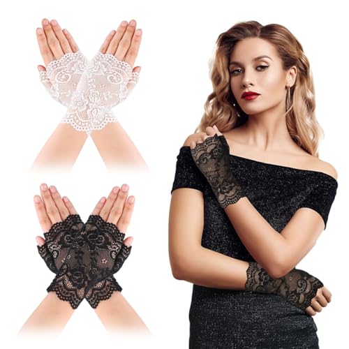 EAVUYIS 2 Paar Spitzen Handschuhe Damen Kurz Geschnittene Fingerlose Gloves Halloween Fingerhandschuhe für Mädchen Hochzeit Brautjungfer Cosplay Party Abschlussball Maskerade Zubehör von EAVUYIS