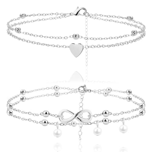 EAVUYIS 2 Stück Fußkette Silber Damen,designs Fußkettchen Herz für Damen,Vintage Layered Fußkettchen,Verstellbar Strand Fuß Schmuck für Frauen und Mädchen von EAVUYIS