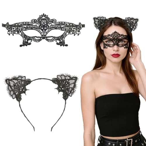 EAVUYIS 2er Set Katzenohren Haarreif und Katzenmaske für Frauen Maskerade Masken Katzenkostüm Valentinstag Halloween Party von EAVUYIS