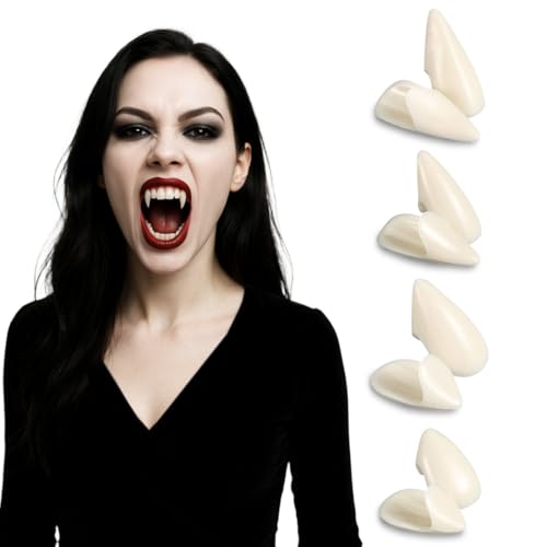 EAVUYIS 4 Paar Halloween Vampir Zähne, 4 Größen Vampire Cosplay Fangs mit Pellets Kleber für Cosplay,Requisiten,Halloween, Dämon, Hexe von EAVUYIS