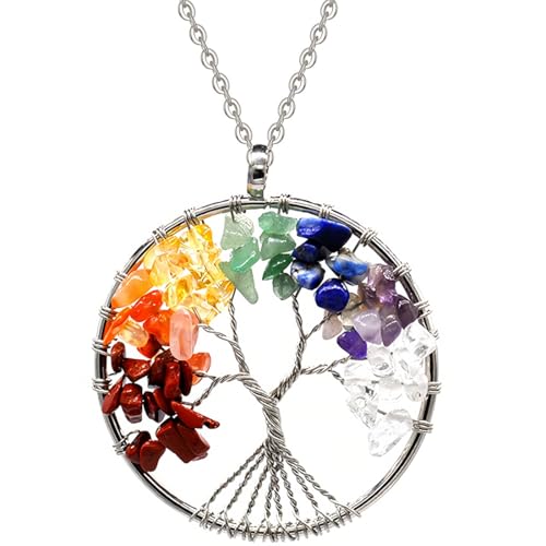 EAVUYIS Baum des Lebens Anhänger Halskette Damen, Edelstein Chakra-Anhänger, Kupfer Chakra Edelstein Halskette, Lebensbaum Halskette, 7 Stein Chakra Reiki Energietherapie Heilung Fashion Schmuck von EAVUYIS