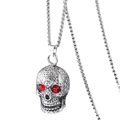 EAVUYIS Edelstahl Schmuck Totenkopf Anhänger Hohle Schädel Kette mit Rot Kristall Augen Skeleton Tribal Gotik Halskette für Herren von EAVUYIS