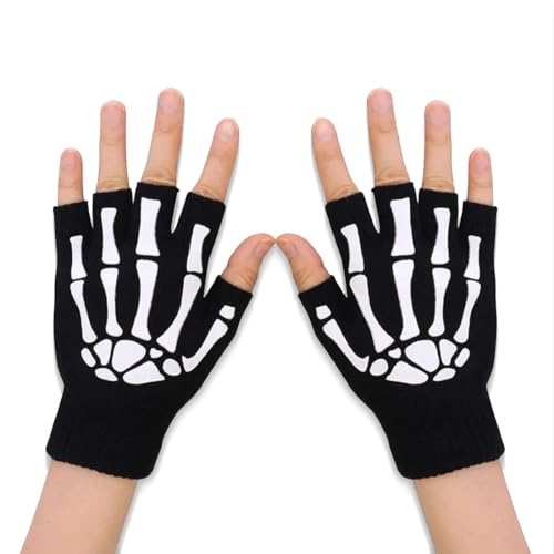 EAVUYIS Halloween Skelett Handschuhe,Leuchtet Halbfinger Handschuhe Skelett,Cosplay Party Requisiten,Leuchtend Skelett Handschuhe für Kostüm Zubehör von EAVUYIS