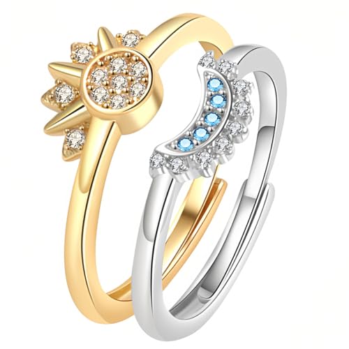 EAVUYIS Sonne Mond Ring Gold Silber Set, Verstellbar Matching Rings Freundschaftsringe, Ringe Frauen, Sun and Moon Ring Set, Dupes Schmuck Geschenk für Damen Frauen von EAVUYIS