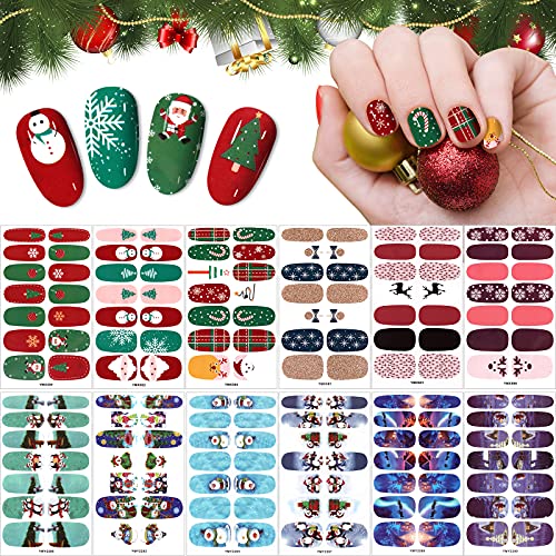 12 Blätter Weihnachten Full Nail Wraps,EBANKU Selbstklebende Nail Art Sticker Schneeflocke Weihnachtsmann Pinguin Schneemann Weihnachtsbaum Nagel Kunst Decals Strips mit 1 Stück Nagelfeilen von EBANKU