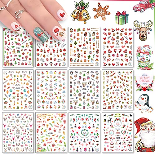 12 Blätter Weihnachten Nail Art Sticker Decals, EBANKU selbstklebende Xmas Nail Sticker für Christams Nail Decorations von EBANKU