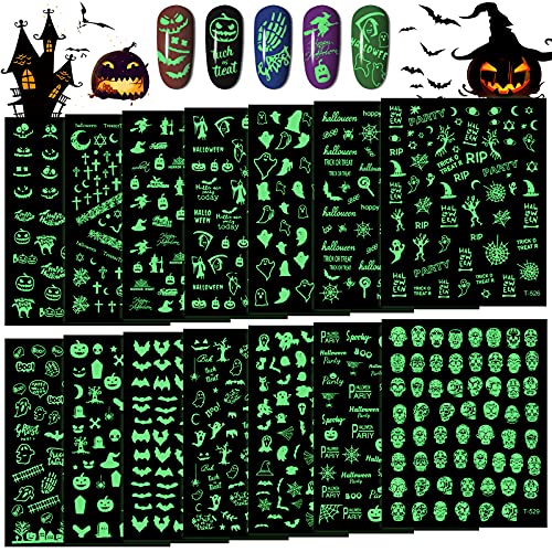 14 Blatt Halloween Leuchtend Nagelkunst-Aufkleber,TOROKOM Glow in Dark 3D Selbstklebende Halloween Kürbis Spinne Schädel Fledermaus Nagel Aufkleber, DIY Maniküre Aufkleber für Halloween von EBANKU