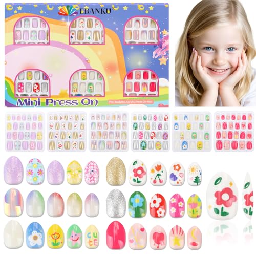 144 Stück Nägel aufdrücken für Kinder, EBANKU 6 Pack Kid Fake Nail Pink Gold Flower Star Press on Nails für Mädchen 5-12 Jahre mit Jelly Nail Adhesives von EBANKU