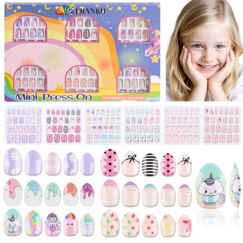 144 Stück Presse auf Nägel für Kinder, EBANKU 6 Pack Kid Fake Nail Cute bunte Presse auf Nägel für Mädchen 5-12 Jahre mit Pre- Klebstoffe von EBANKU