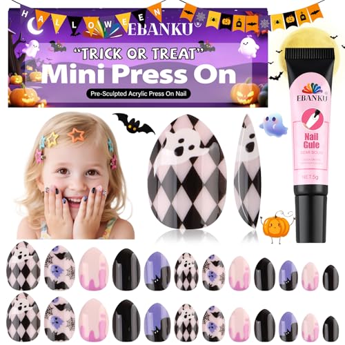 24 Stück Press-on-Nägel für Kinder, EBANKU Halloween Mini-Klebe-Nägel Mandelform Niedliches Design Acrylnägel mit Nagelkleber für Mädchen von 7 bis 12 Jahren von EBANKU
