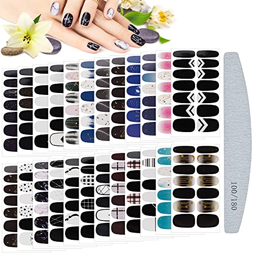 24PCS Full Nail Wraps Aufkleber, EBANKU Schwarz weiße Nagelsticker Selbstklebende Stern Mond Nail Art Aufkleber 3D Nagelfolie Nagellack Aufkleber mit 1PCS Nagelfeile für DIY Nageldekoration von EBANKU