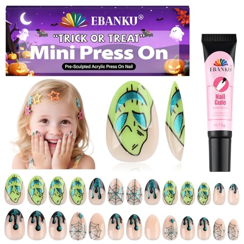 26 Stück Halloween-Kunstnägel für Kinder, EBANKU Kinder-Kunstnagelset „Grüner Spinnennetz-Albtraum“ für Mädchen von 7 bis 12 Jahren mit Nagelkleber von EBANKU