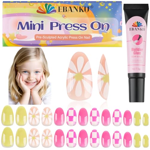 26 Stück Weiter drücken Nails für Kinder, EBANKU 1 Pack KinderFalsche Nägel Kit Alte bunte Blume Weiter drücken Nails für Mädchen 8-12 Jahre mit Gelee Nagel Klebstoffe & Nagelbaumkleber von EBANKU