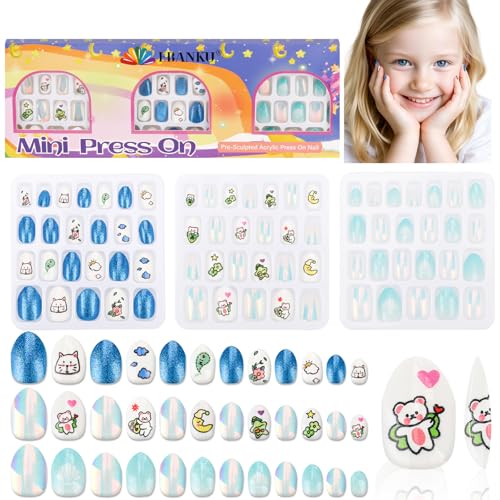 72 Stück Presse auf Nägel für Kinder, EBANKU 3 Pack Kid Fake Nail Kit Blauer Bär Katze Blume Presse auf Nägel für Mädchen 8-12 Jahre mit Jelly Nail Klebstoffe von EBANKU
