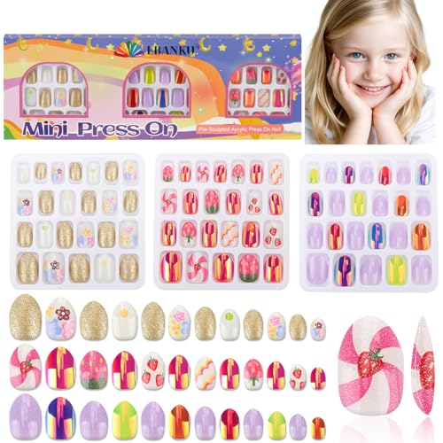 72 Stück Presse auf Nägel für Kinder, EBANKU 3 Pack Kid Fake Nail Kit rosa lila Gold Erdbeere Blume Presse auf Nägel für Mädchen 8-12 Jahre mit Jelly Nagel Klebstoffe von EBANKU