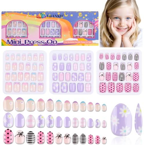 72 Stück Presse auf Nägel für Kinder, EBANKU 3 Pack Kit für falsche Nägel lila Blume schwarzer Streifen Presse auf für Mädchen 8-12 Jahre mit Jelly Nagel Klebstoffe von EBANKU