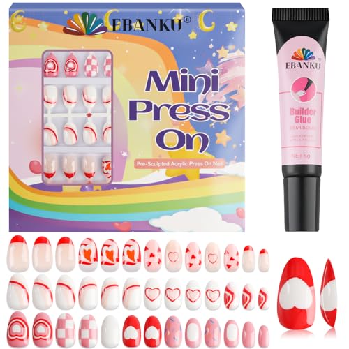 78 Stück Nägel aufdrücken für Kinder, EBANKU 3 Pack Kind Falsche Nägel Kit Rote Herz zum Aufdrücken für Mädchen 8-12 Jahre mit Builder Kleber von EBANKU