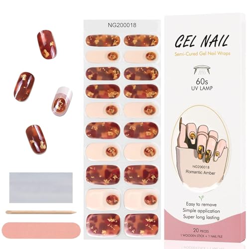 EBANKU 1 PCS Gel Nail Wraps Nagelsticker, Braune Gold Foil Full Wraps Nagelaufkleber Cured Gel Nail Strips Gel Nagel Aufkleber für Frauen Mädchen Dekoration-13 von EBANKU