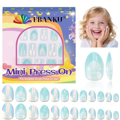 EBANKU 1 Pack Kind Falscher Nagel, 24 Stück Presse auf Nägel Kinder Blassblau Presse auf Nagel kurze künstliche falsche Nägel Kits für Mädchen von EBANKU