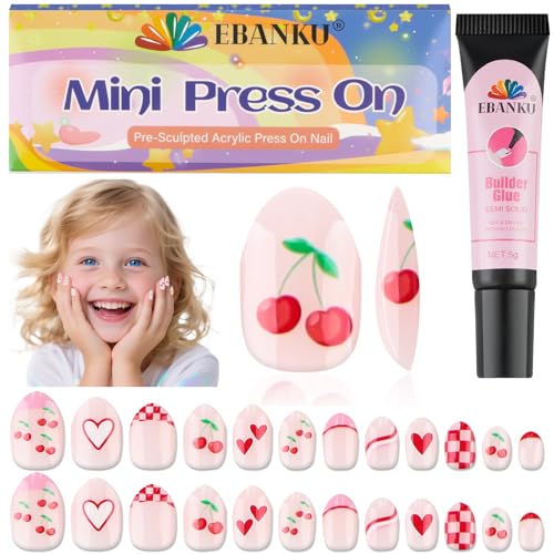 EBANKU 1 Pack Kind Falscher Nagel, 24 Stück Presse auf Nägel Kinder Kirschen Presse auf Nagel kurze künstliche falsche Nägel Kits für Mädchen von EBANKU