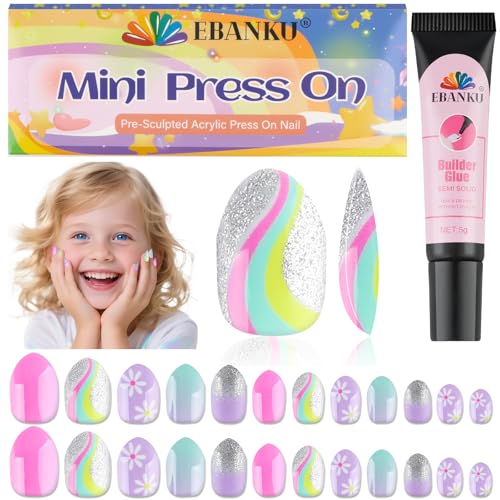 EBANKU 1 Pack Kind Falscher Nagel, 24 Stück Presse auf Nägel Kinder Violette Magie Presse auf Nagel kurze künstliche falsche Nägel Kits für Mädchen von EBANKU