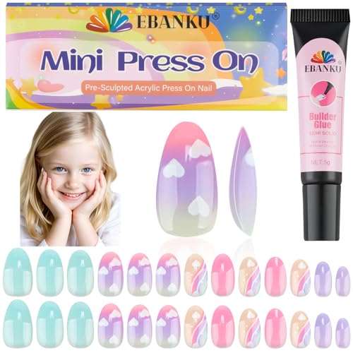 EBANKU 1 Pack Kind Falscher Nagel, 26 Stück Presse auf Nägel Kinder bunte Presse auf Nagel kurze künstliche falsche Nägel Kits für Mädchen von EBANKU