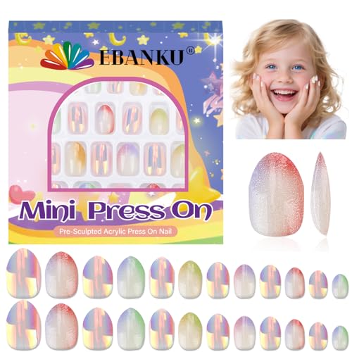 EBANKU 1 Pack Kind Falscher Nagel, Aurora 24 Stück Presse auf Nägel Kinder Presse auf Nagel kurze künstliche falsche Nägel Kits für Mädchen von EBANKU