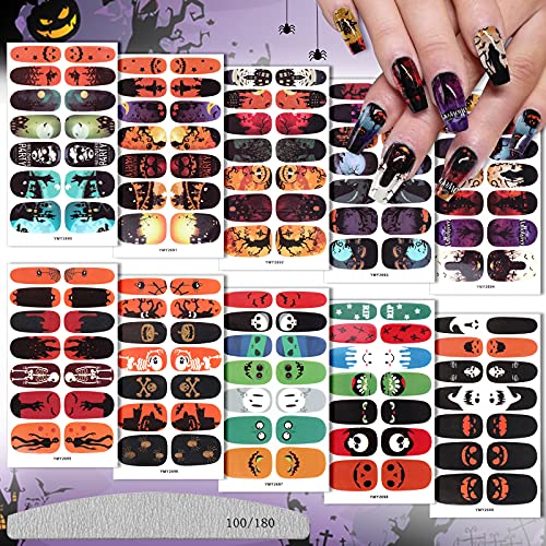 EBANKU 10 Blatt Halloween Full Wraps Nagellack Aufkleber Sticker mit 1 Nagelfeile, Nail Art Sticker Selbstklebende Nail Art Decals für Frauen Mädchen DIY Nail Art Dekoration oder Nagelstudio von EBANKU