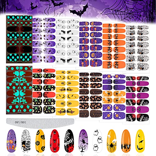 EBANKU 12 Blatt Halloween Nagelsticker Luminous mit Nagelfeile, Selbstklebende Nagelfolie Maniküre Sticker Kürbis für Frauen Mädchen Party Nail Art Dekoration von EBANKU